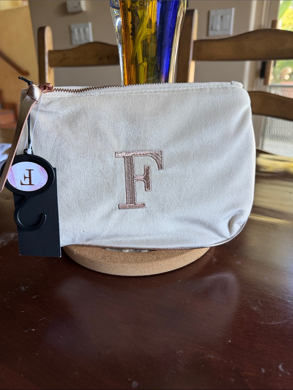 Monogram F Cream velvet Cosmetic Bag with Rose Gold Accent